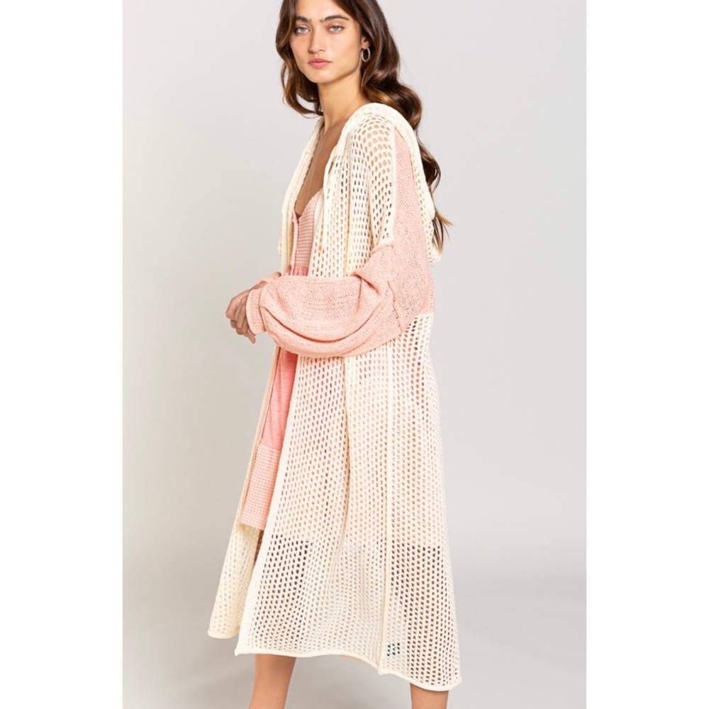 POL Pink Salt & Cream Open Weave Hooded Summer Cardigan - Picture 4 of 6